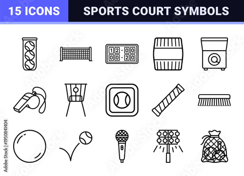 Professional Tennis Equipment and Tournament Line Art Icons for Sports Media Interface Design Featuring Minimalist Racket and Court Symbols