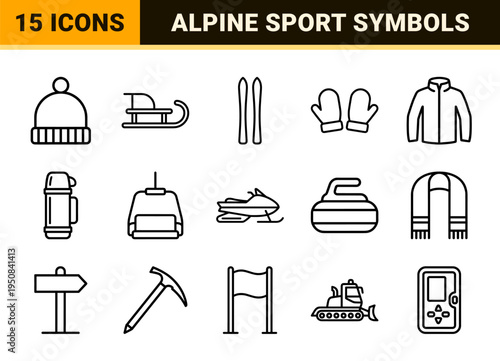 Winter Sports and Alpine Recreation Outline Symbols featuring Minimalist Monoline Sleds Skis and Mountain Gear for Technical Design Interface