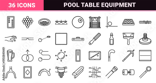 Professional Billiards and Snooker Monoline Icon Set Featuring Minimalist Pool Table Equipment and Cue Sports Symbols in Neo-Line Art Style