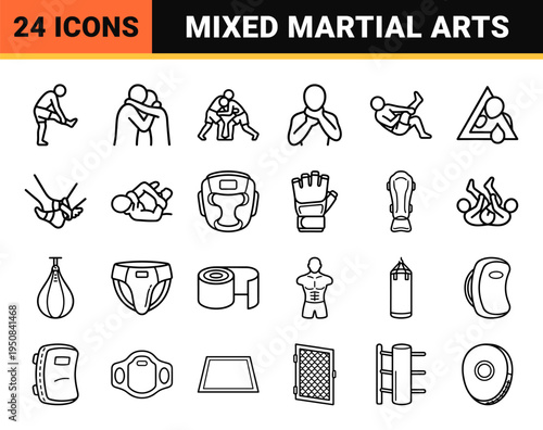 Mixed Martial Arts Combat Training and Gym Equipment Monoline Outline Symbols for Athletic Performance Design