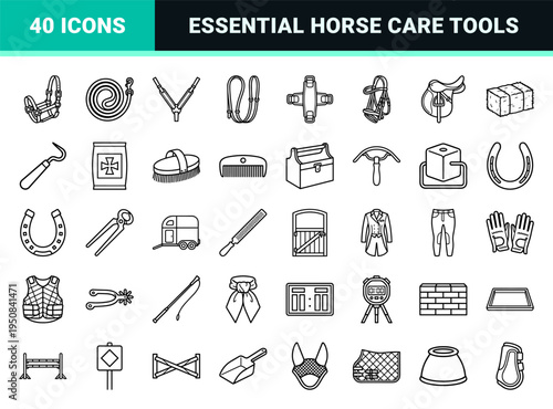 Technical Equestrian Sport Line Art Icons for Professional Riding, Dressage Training, Horse Care Equipment and Competition Management.