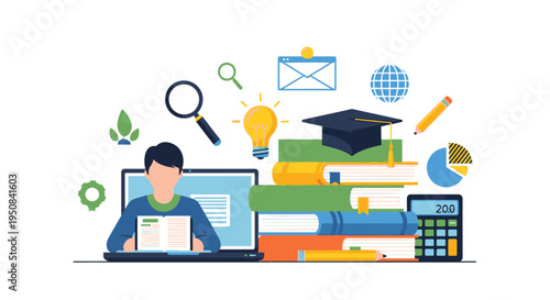 Flat illustration of a man studying with books, laptop, and educational icons on a white background with a colorful and informative mood.