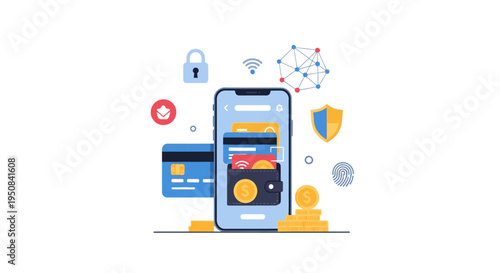Flat lay illustration of a smartphone with a mobile payment interface, surrounded by a credit card, shield, lock, and other security icons on a white background with a modern and secure