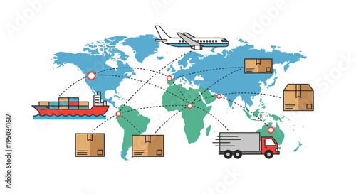 Illustration of global shipping logistics with cargo containers, truck, airplane, and ship on a world map with connected lines.