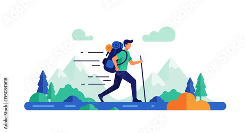 a cartoon hiker with a backpack and trekking poles running through a scenic mountain landscape with trees and clouds, ideal for travel and adventure concepts