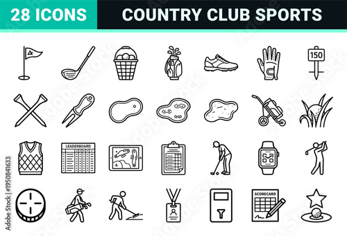 Minimalist Golf Course and Tournament Management Icon Set featuring sleek 1.25pt monoline outlines for professional sports app interfaces.
