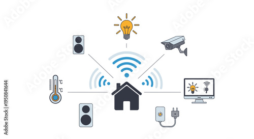 Smart home system with various connected devices and sensors for automation and control.