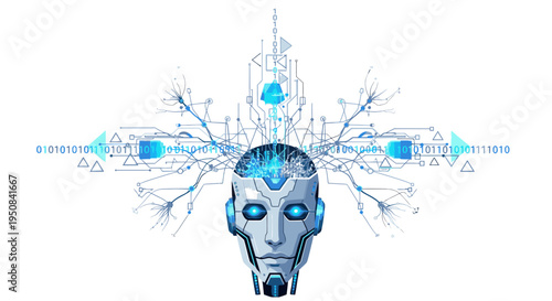 Digital illustration of a robotic head with glowing blue circuits and wires on a white background, conveying a futuristic and technological mood with a cinematic feel.