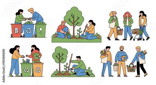 Illustration of diverse people engaging in eco-friendly activities like recycling and tree planting in a colorful, flat style against a clean white background.