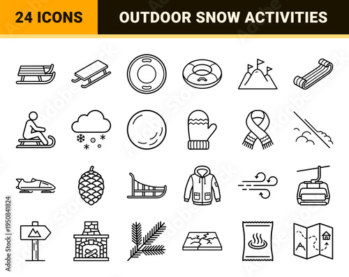 Winter Sledding and Alpine Snow Recreation Monoline Outline Symbols for Seasonal Sports Branding and Winter Activity Navigation Design.
