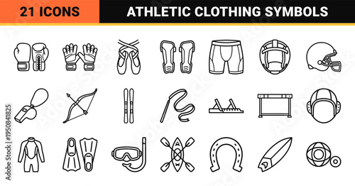 Sports Equipment and Athletic Apparel Technical Monoline Outline Symbols for Professional Training and Competitive Gear.