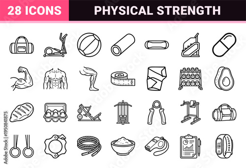 High-performance fitness and bodybuilding equipment monoline outline symbol set for professional gym branding and health app interfaces.