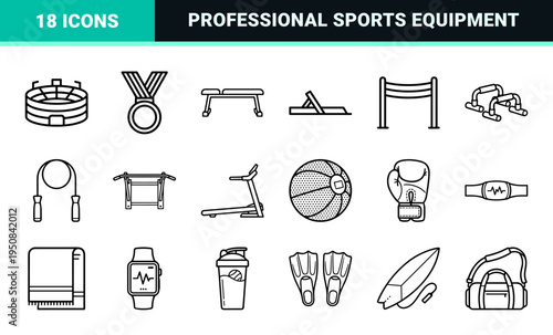 Athletic Equipment and Fitness Training Monoline Symbols for Mobile App Interfaces and Technical Editorial Illustrations with Professional Minimalism.