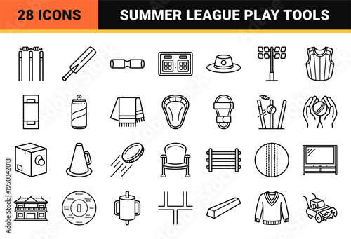 Minimalist Monoline Cricket Equipment Graphics for Professional Match Broadcasting and Instructional Diagrams with Clean Linear Outlines