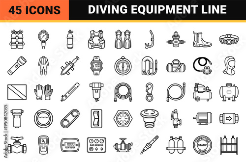 Technical Scuba Diving Gear and High Pressure Air Filling Systems Technical Monoline Outline Symbols for Documentation and Training Schemes.
