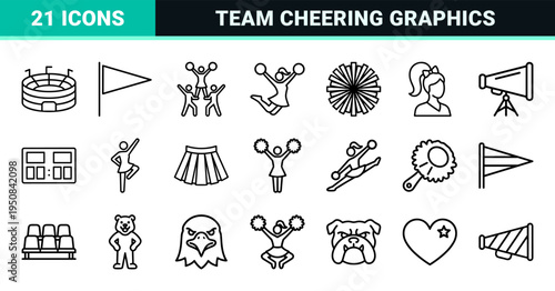 Cheerleading and School Spirit Monoline Outline Graphics for Athletic Branding High-Performance Sports Team Event Design