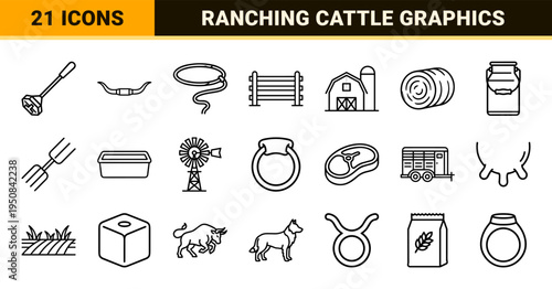 Minimalist bovine livestock and ranching line art symbols featuring high-clarity technical monoline aesthetics for agricultural branding.