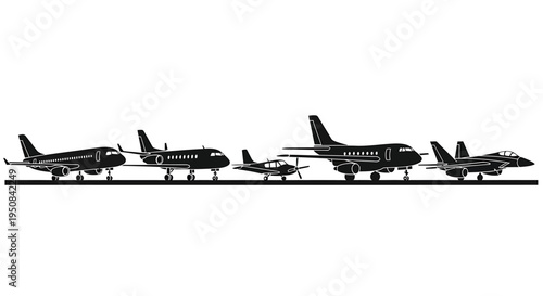 Set of 5 black airplanes vector silhouettes