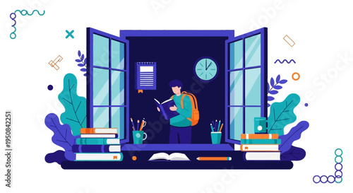 A young student with a backpack reads a book by an open window, surrounded by stacks of books and study materials. This illustration is perfect for educational, back-to-school, or personal development