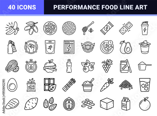 Sports Nutrition and Energy Food Line Icons for Athlete Performance and Healthy Snack Branding Featuring Monoline Technical Outline Aesthetic.
