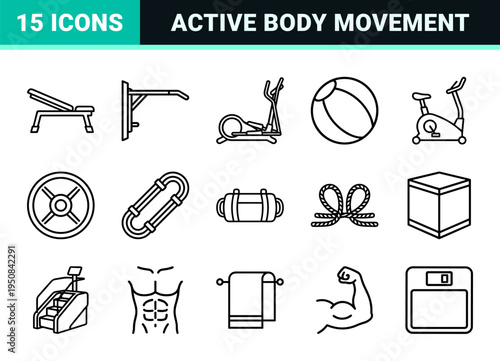 Minimalist Workout Equipment Monoline Outline Symbols for Commercial Fitness Interfaces and Health Mobile App Design