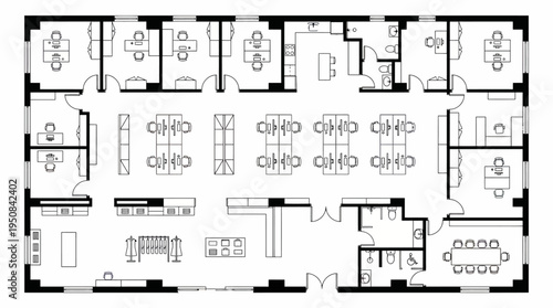 Comprehensive conceptual architectural blueprint illustrating a modern office floor plan for efficient business operations and collaboration