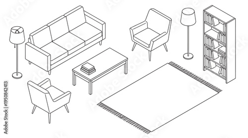 Isometric line art collection of modern living room furniture and interior decor elements for home design concepts