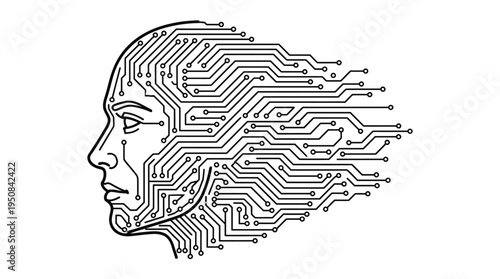 AI Brain Circuitry Concept Human Head Profile with Digital Connections and Data Flow