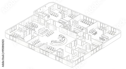 Isometric architectural drawing of a modern hospital floor plan with reception and patient rooms