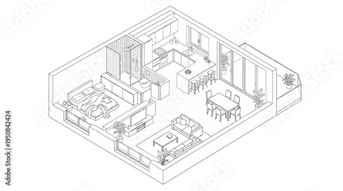 Isometric Floor Plan of a Modern Apartment Layout with Kitchen, Living, and Dining Areas