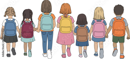 Group of children with backpacks walking away concept for back to school or friendship