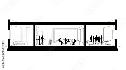 Architectural Cross-Sectional View Illustrating Modern Interior Spaces and Human Interaction Concepts