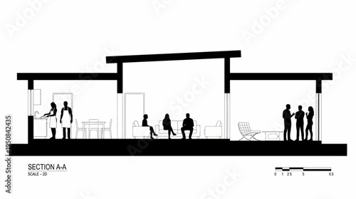 Architectural cross-section illustrating diverse human activities within a modern community building design