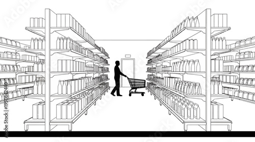 Customer pushing a shopping cart down a grocery store aisle with shelves stocked with products