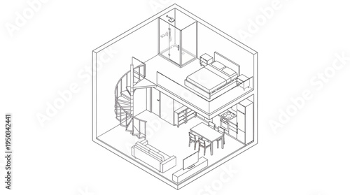 Isometric illustration of a compact, modern studio apartment interior design