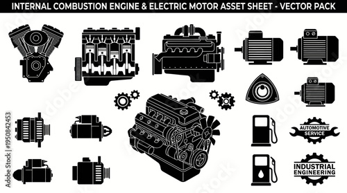 Detailed engineering asset sheet with automotive internal combustion engines and electric motor illustrations