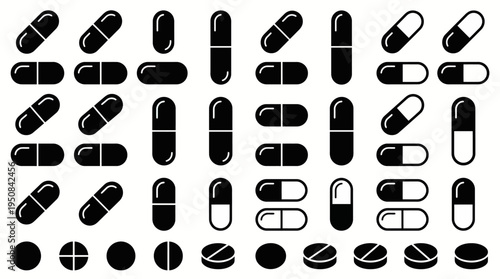 Collection of black and white pills and capsules icons on a white background