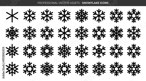 A comprehensive vector collection of diverse snowflake icons, perfect for winter holiday designs and frosty themes