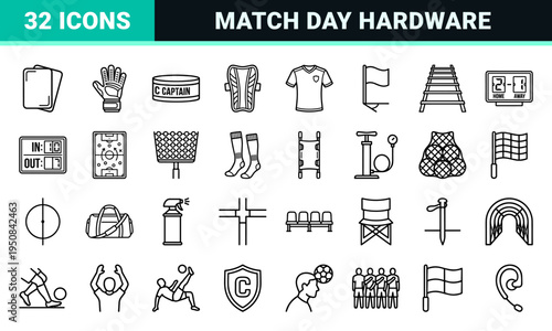 Monoline Soccer Equipment and Match Day Icons featuring Technical Line Art Symbols for Professional Sports Database Indexing and Digital Asset Management.