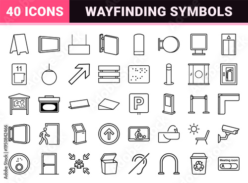 Minimalist Architectural Wayfinding Signage and Navigation Symbols Monoline Outline Style for Corporate Environment and Public Spaces Office Building