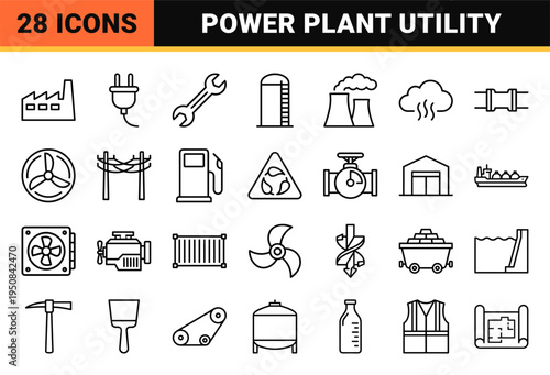 Heavy industrial energy production and power plant infrastructure line art symbols for engineering and utility management interfaces.