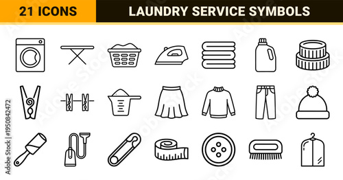 Laundry Care and Garment Maintenance Monoline Symbols featuring technical 1.25pt stroke weight and soft rounded corners for textile service.