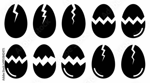 Assortment of minimal cracked egg silhouettes for design projects, symbolizing potential and transformation through stages of breaking