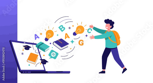 A student joyfully embraces knowledge and ideas streaming from a laptop, symbolizing digital education and e-learning. Perfect for concepts of online learning, education technology, and student succes