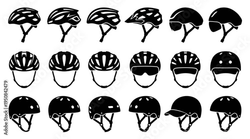 Collection of different styles of protective headgear for cycling, running, and sports