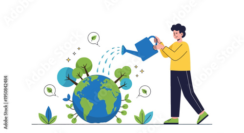 A man with a watering can nurtures the planet, symbolizing environmental protection and sustainable growth. Ideal for eco-friendly campaigns, conservation, and global care themes.