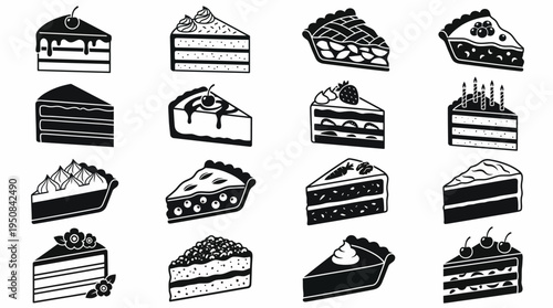 Various Slices of Cakes and Pies with Different Frosting and Toppings