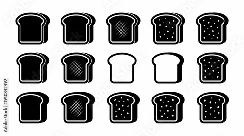 Diverse graphic collection of bread slice icons, featuring solid, outline, and textured designs for food visuals