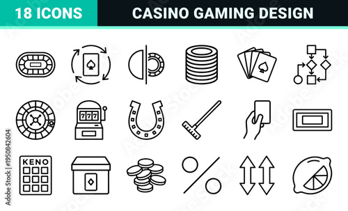 Casino Gaming Monoline Graphics for Betting Interfaces and Gambling Platforms featuring minimalist poker and slot symbols.