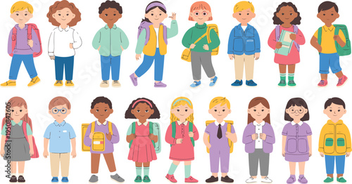 Multicultural group of happy children with backpacks ready for school